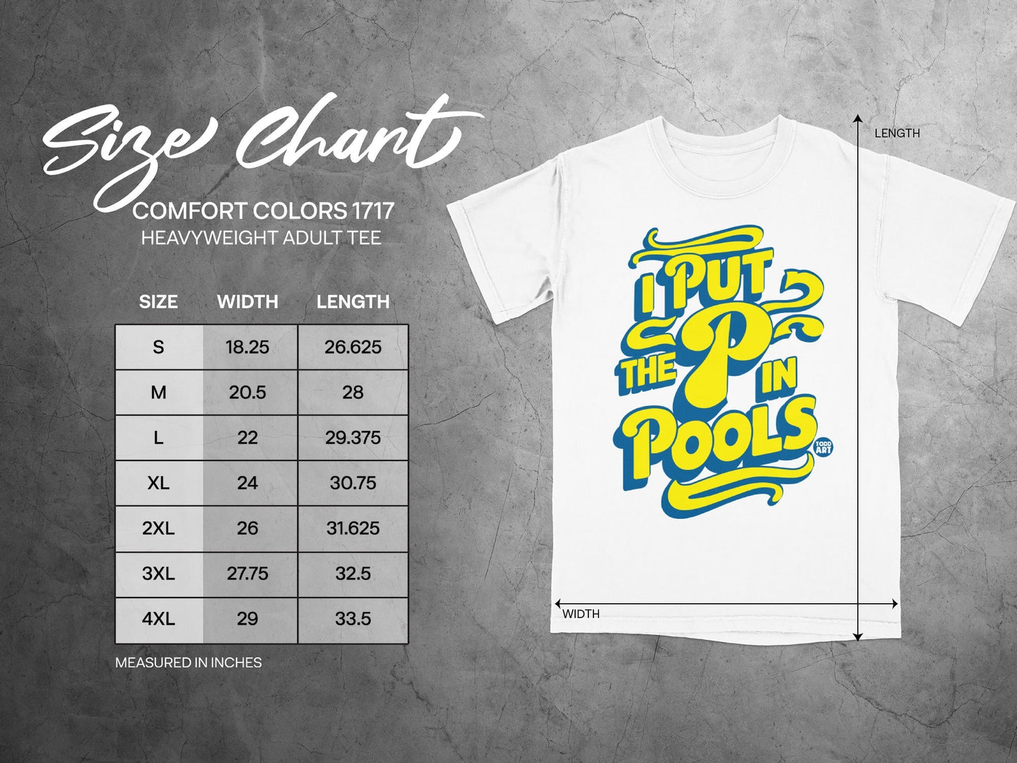 Comfort Colors 1717 size chart for heavyweight adult tees.