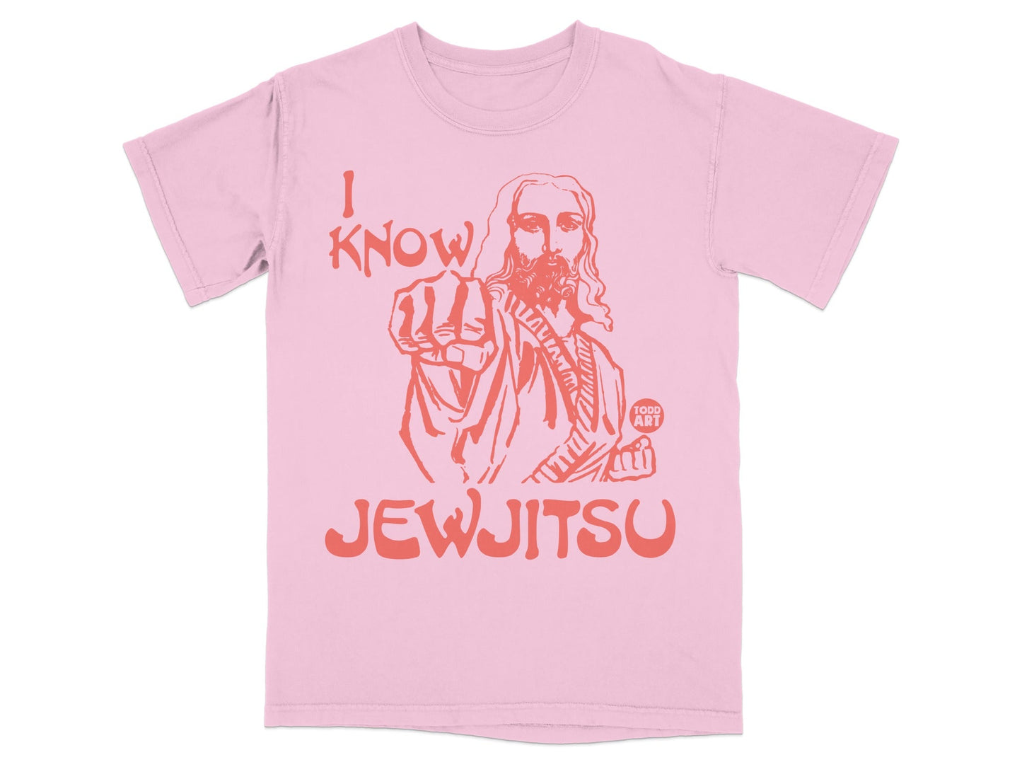 Pink t-shirt with Jesus pointing, saying "I know JEW JITSU".