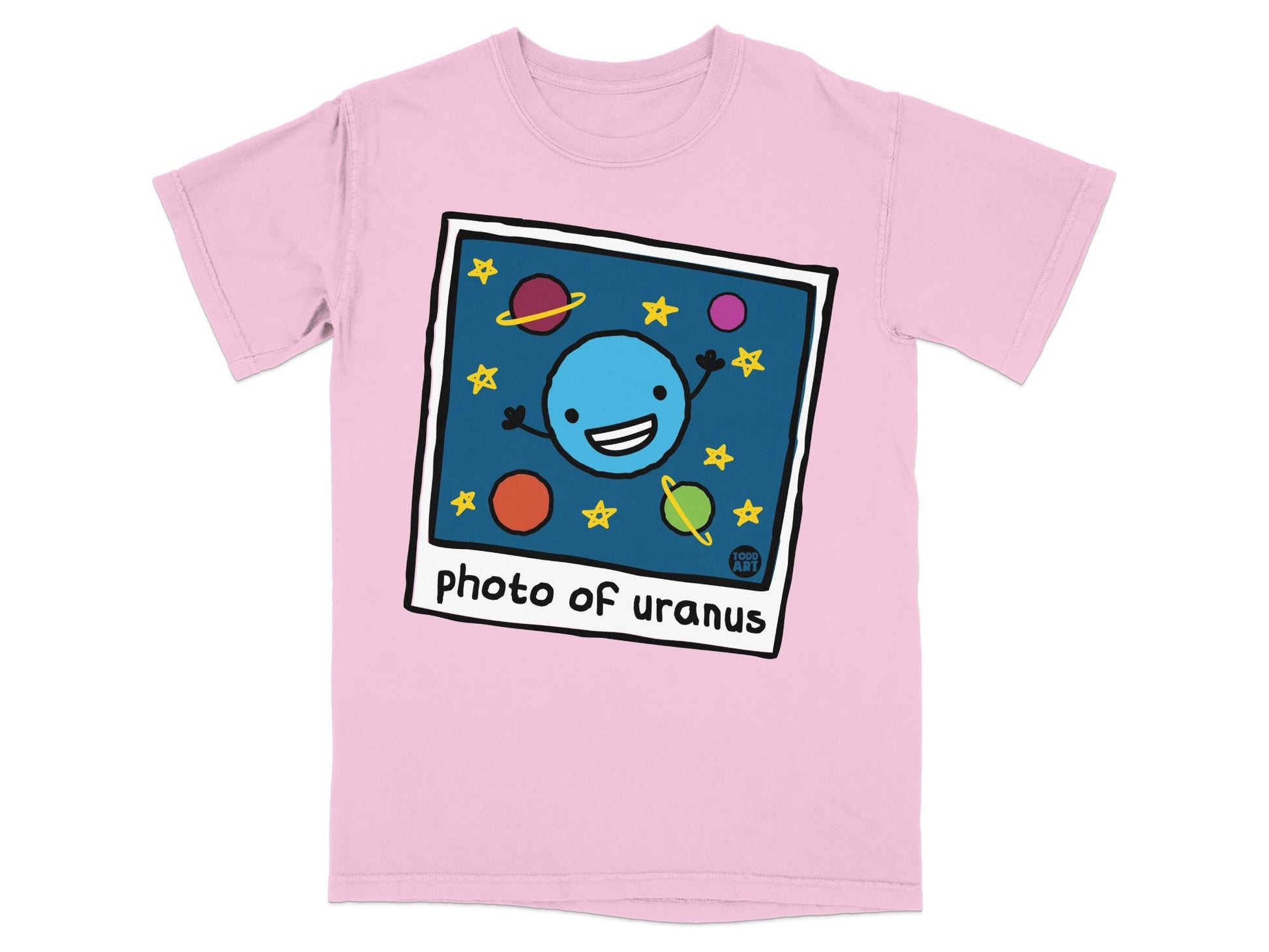 Pink t-shirt featuring a cartoon of Uranus with stars and planets.