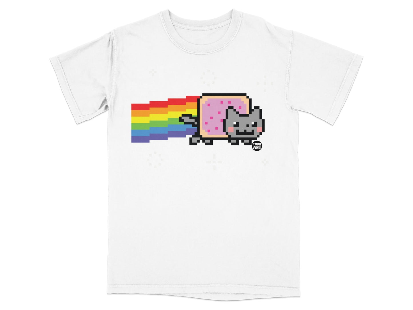 Pixelated Nyan Cat with rainbow trail on a white t-shirt.