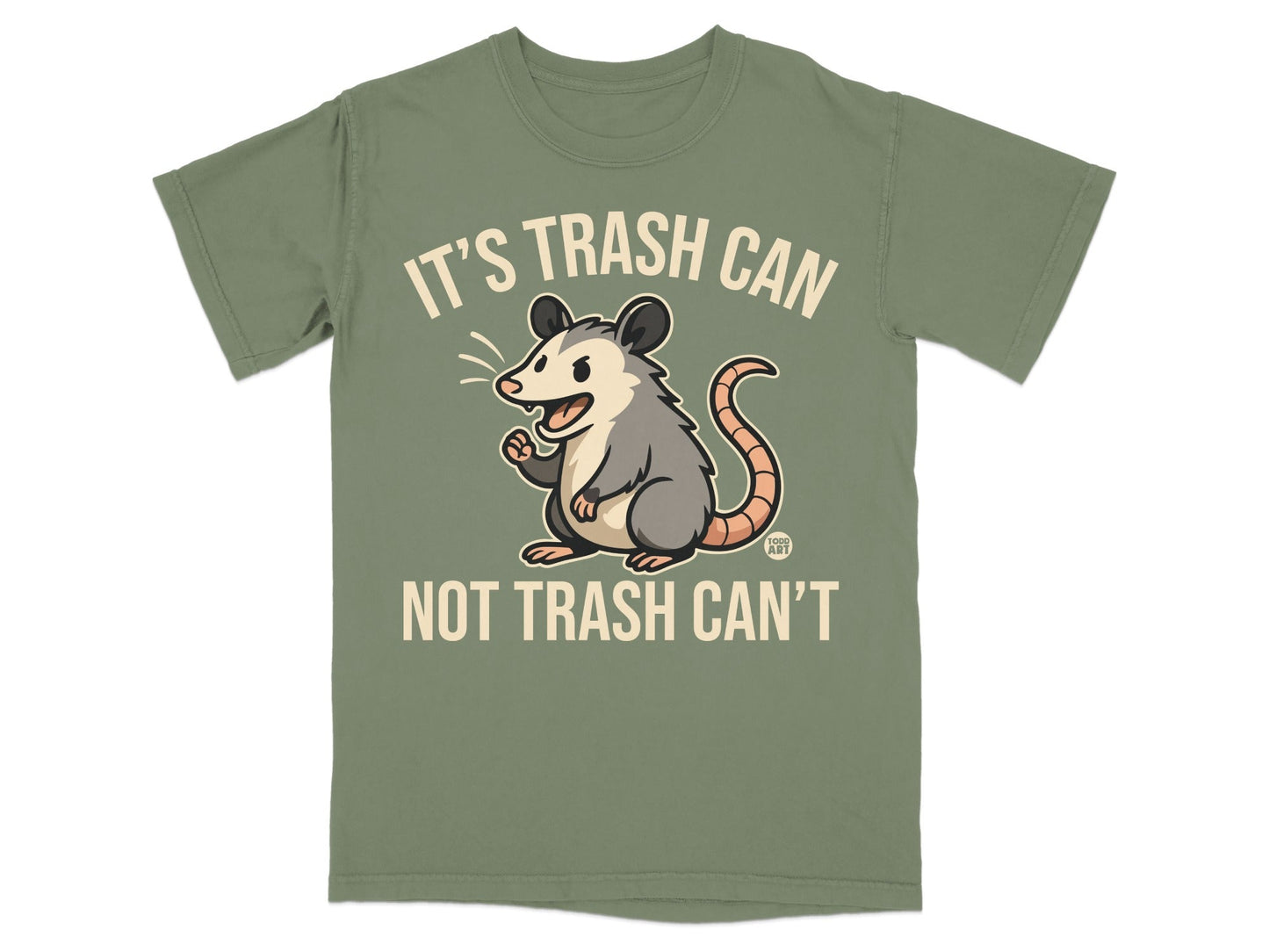 Green t-shirt with cartoon possum and text "IT'S TRASH CAN NOT TRASH CAN'T".