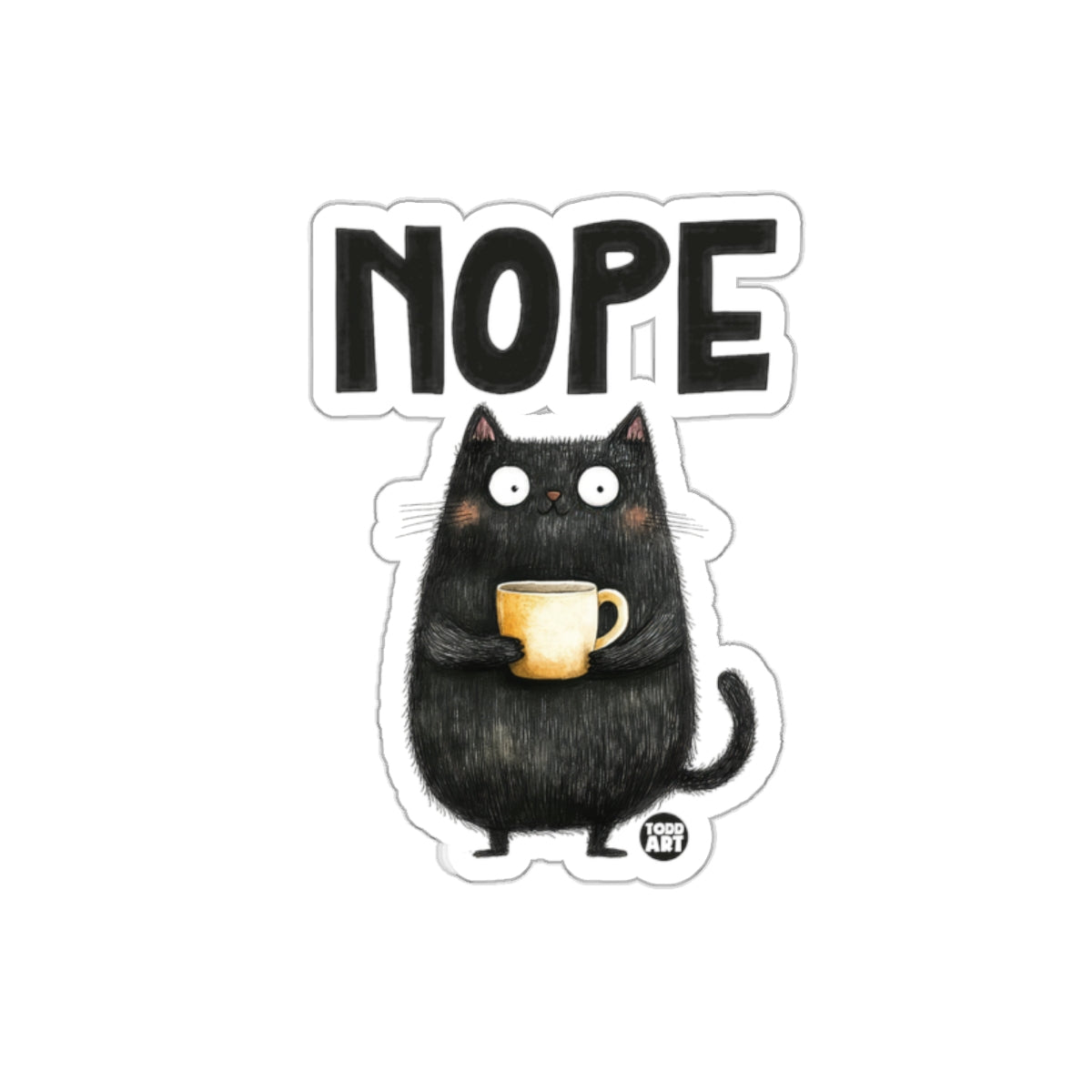 Nope Cat Holding Coffee Humorous Sticker Design