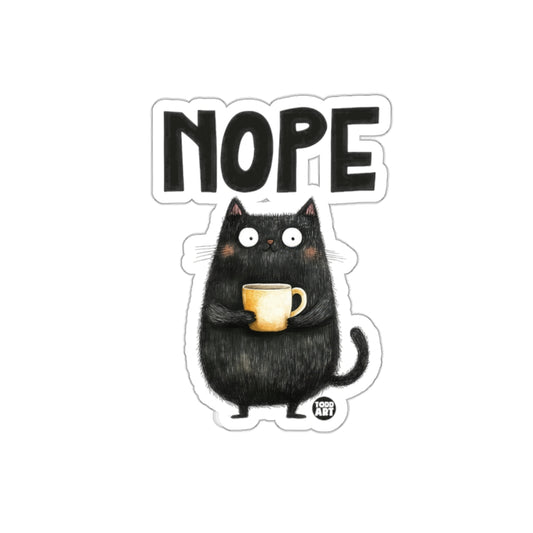 Nope Cat Holding Coffee Humorous Sticker Design