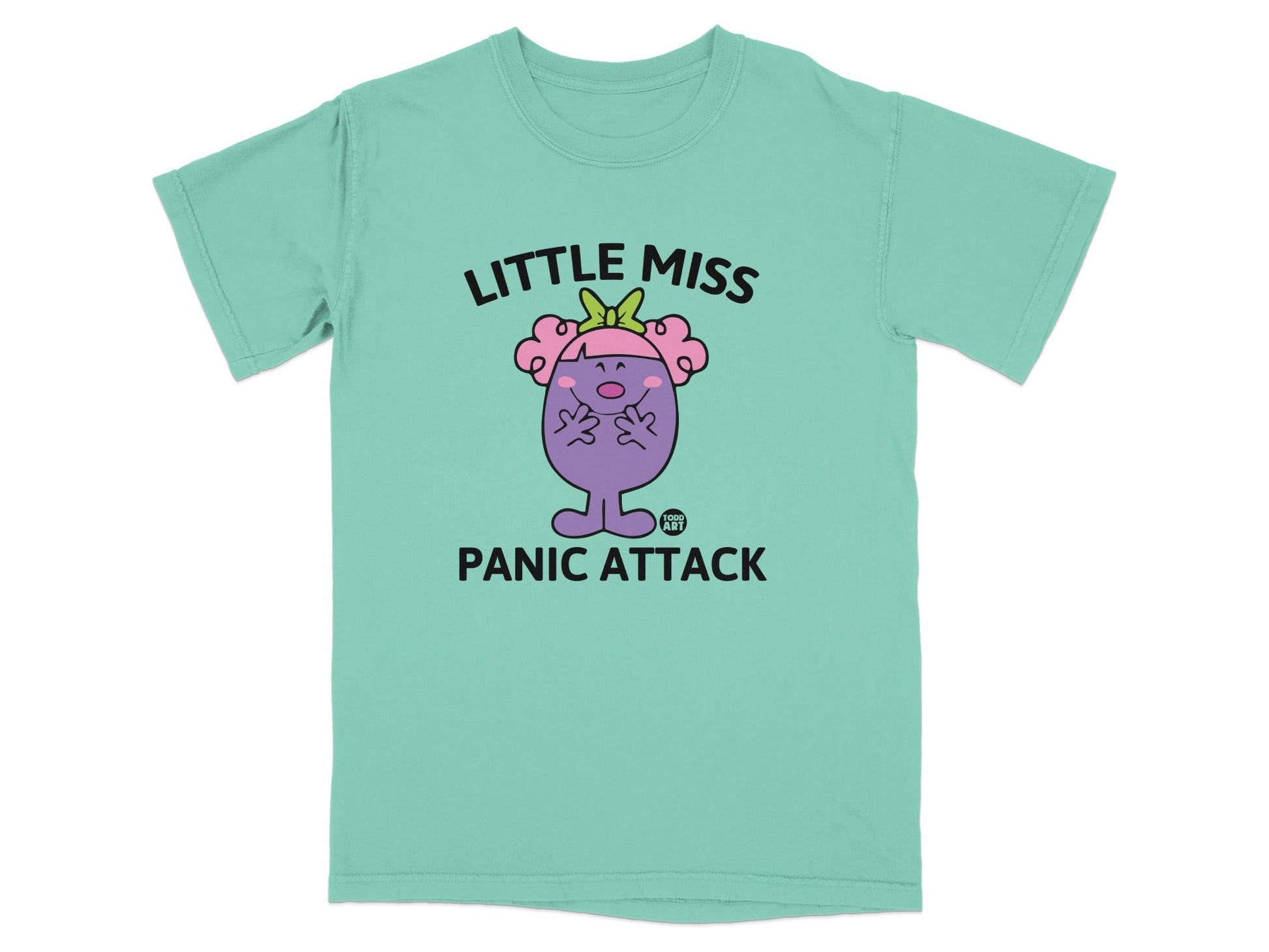 Light teal t-shirt with "Little Miss Panic Attack" and a distressed character.