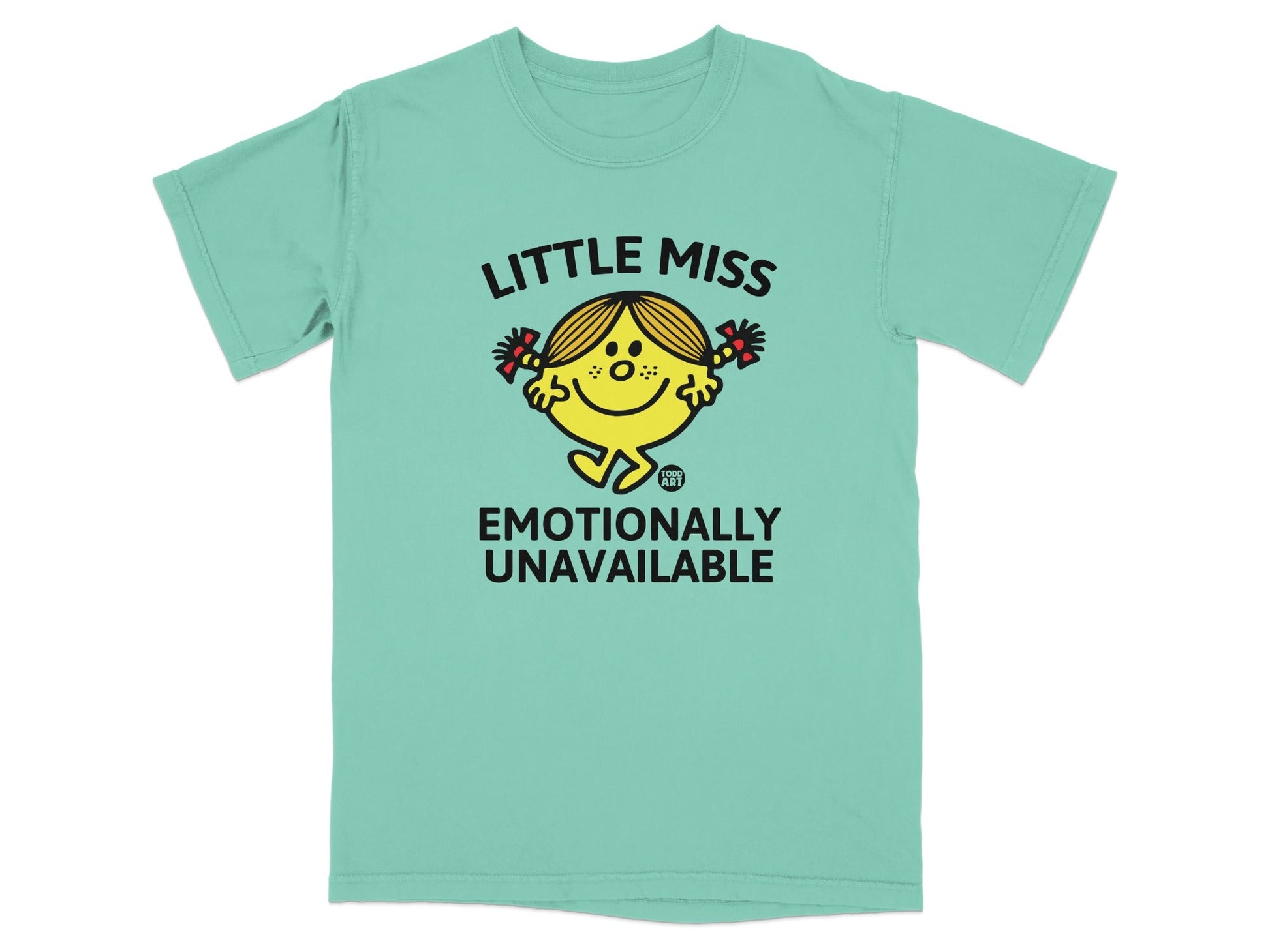 Mint green t-shirt with Little Miss character and text "emotionally unavailable."