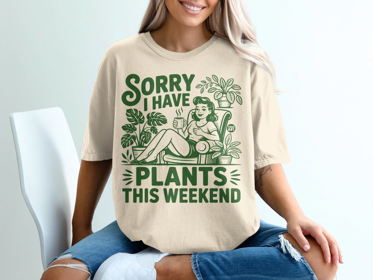 T-shirt with text "Sorry I have plants this weekend" and illustrations of plants.