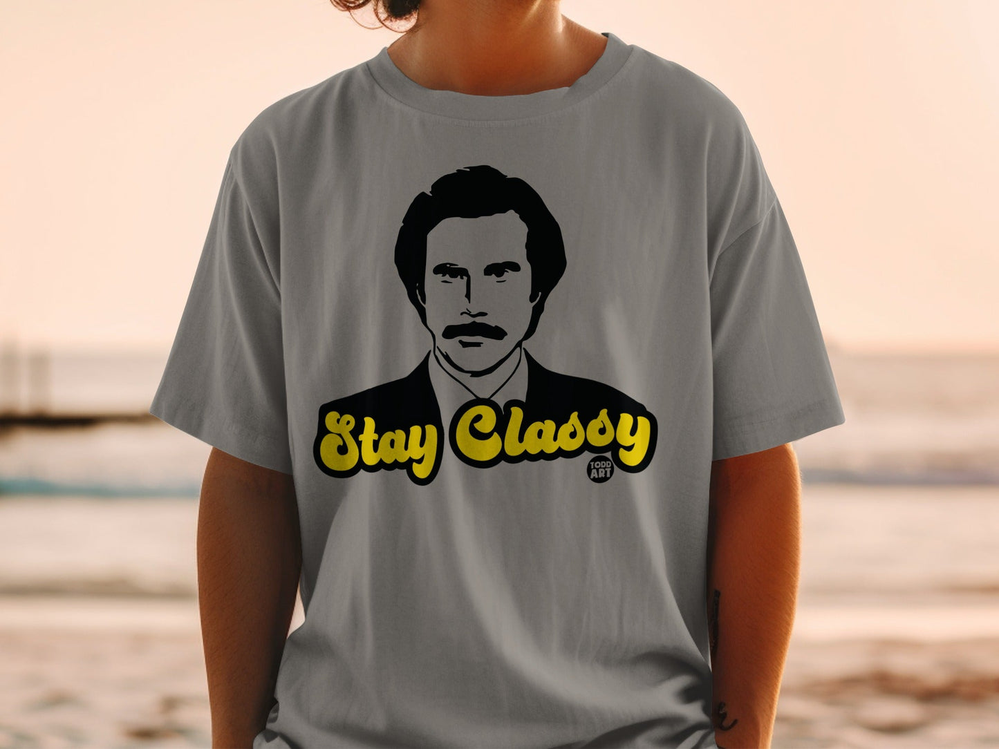 Ron Burgundy "Stay Classy" graphic on a grey t-shirt.