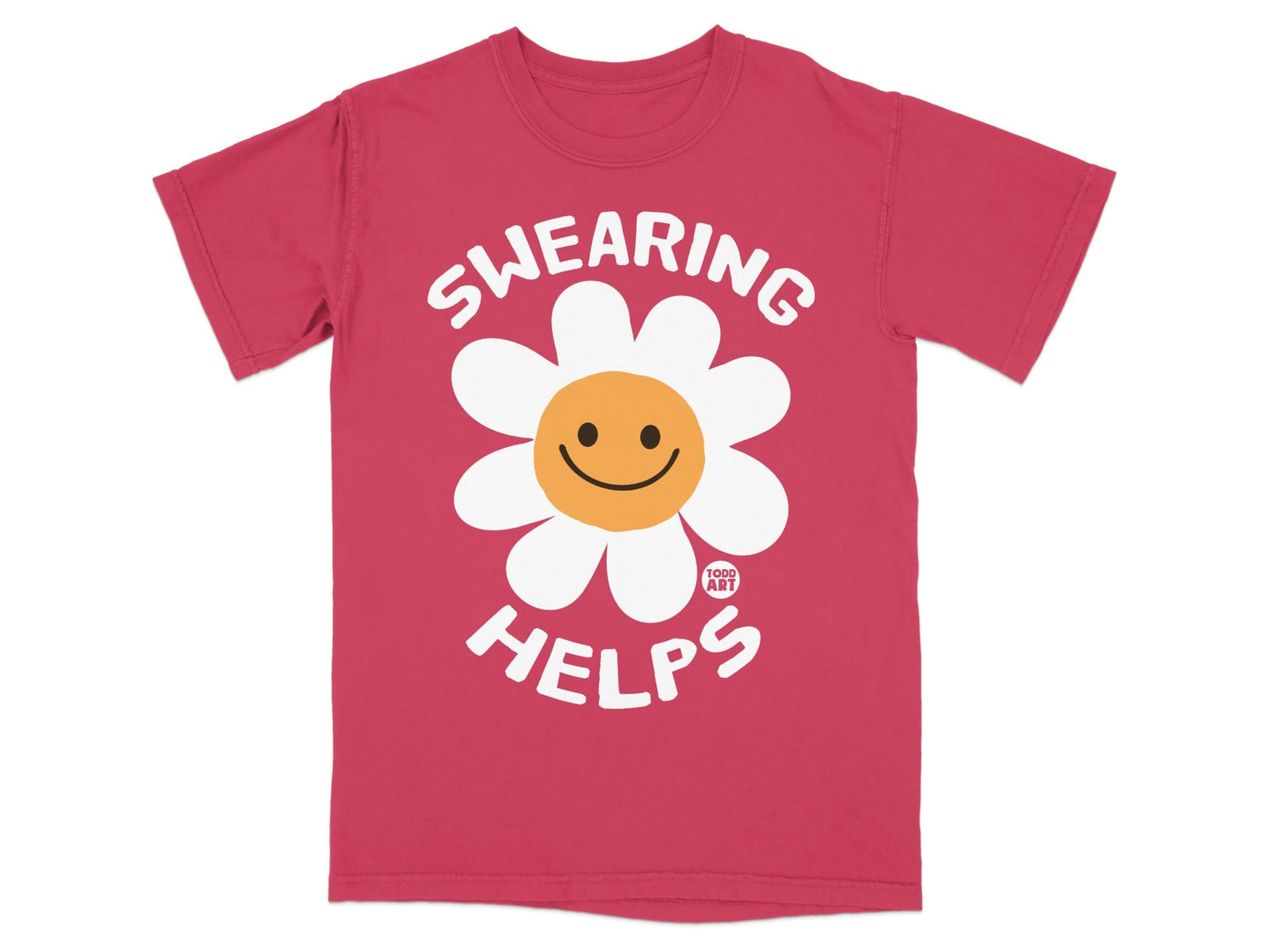 Pink t-shirt with "SWEARING HELPS" and a smiling daisy graphic.