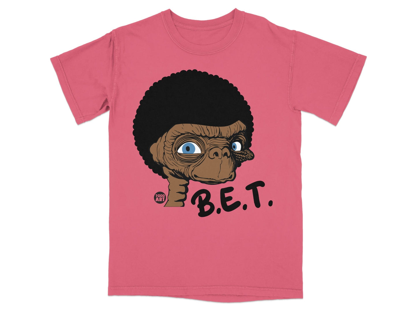 Pink t-shirt featuring E.T. with an afro and "B.E.T." text.