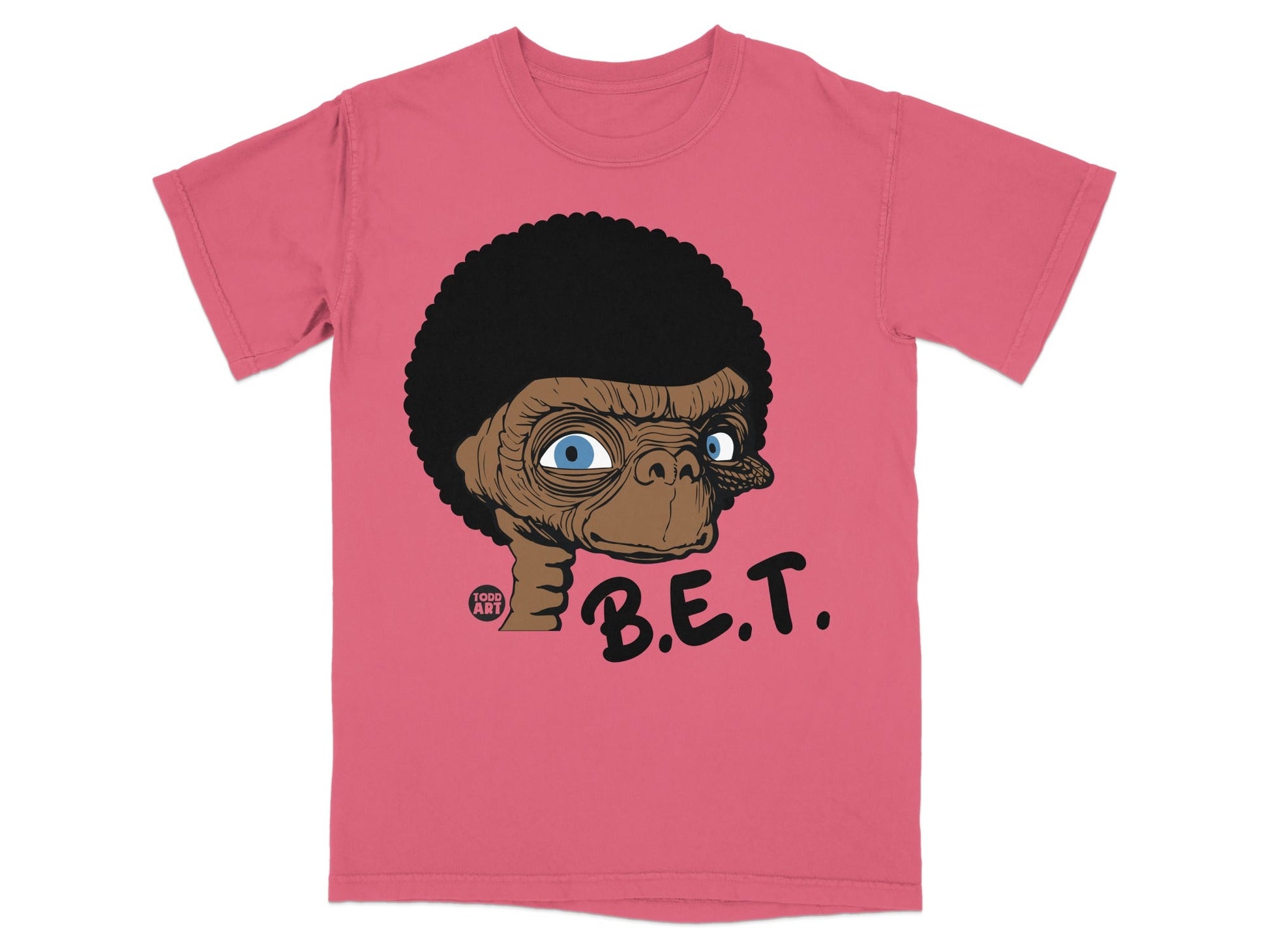 Pink t-shirt featuring E.T. with an afro and "B.E.T." text.