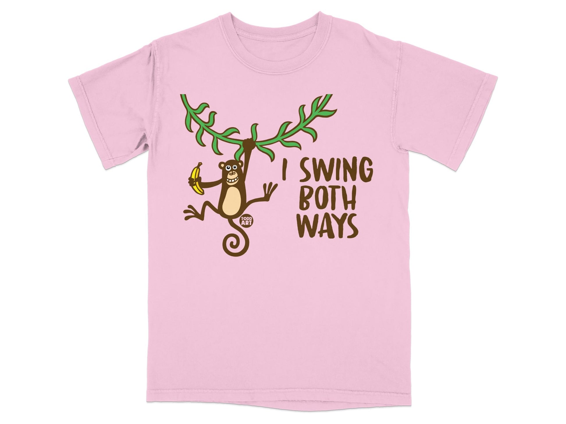 Pink t-shirt with monkey holding banana, swinging from vines, text "I SWING BOTH WAYS".