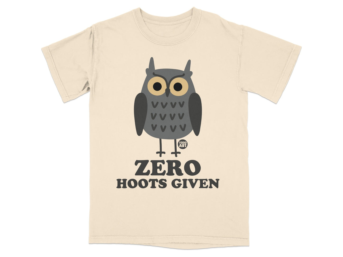 Cream t-shirt with graphic of an owl and "ZERO HOOTS GIVEN" text.