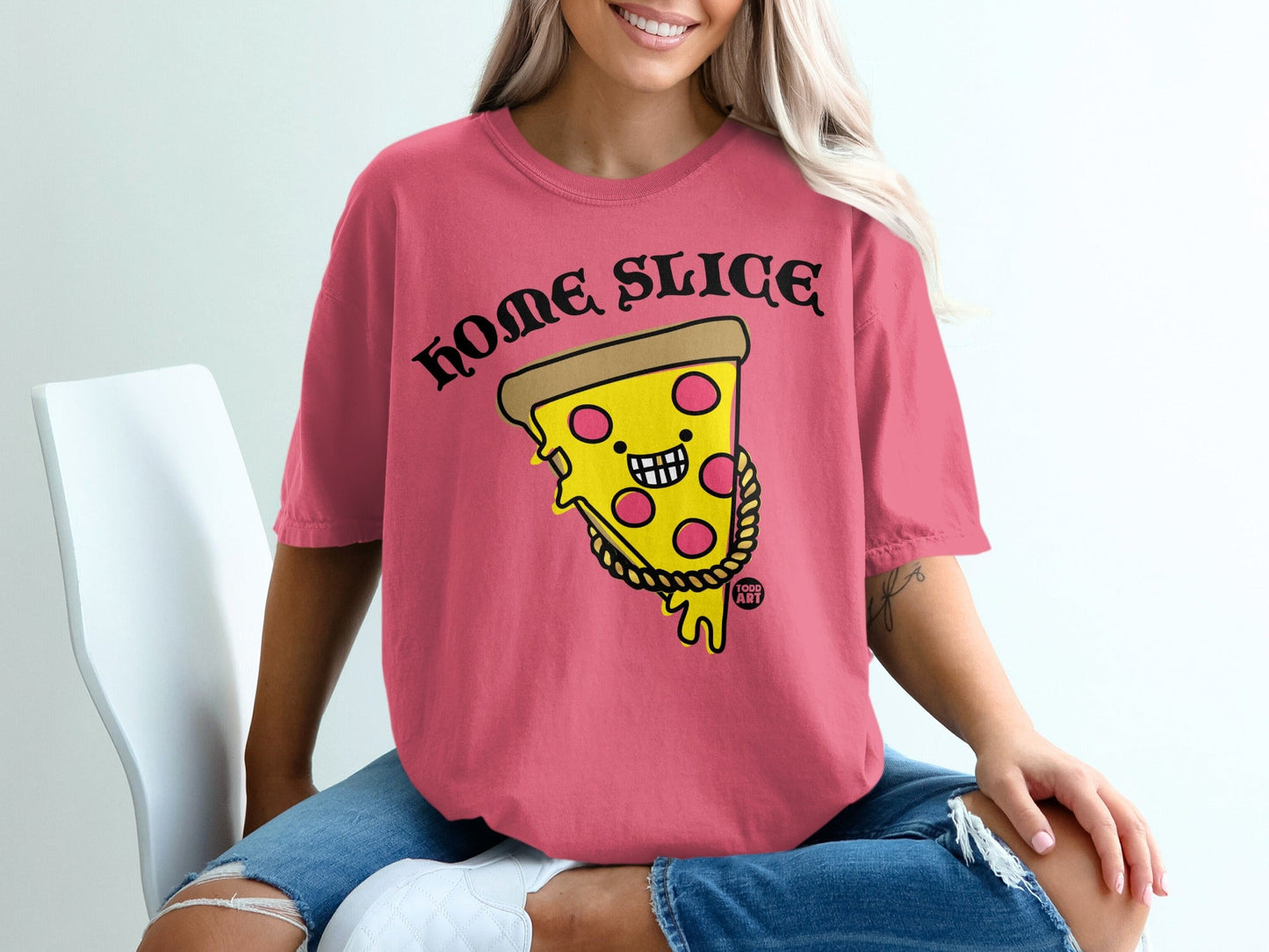 Pink t-shirt with "HOME SLICE" text and a cartoon pizza slice graphic.