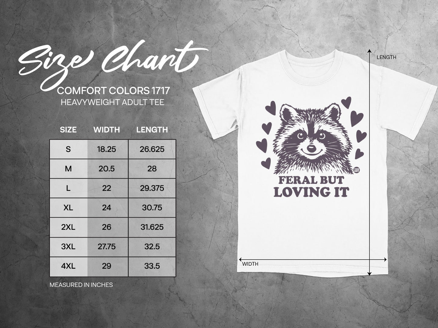 Size chart for Comfort Colors 1717 Heavyweight Adult Tee with measurements.