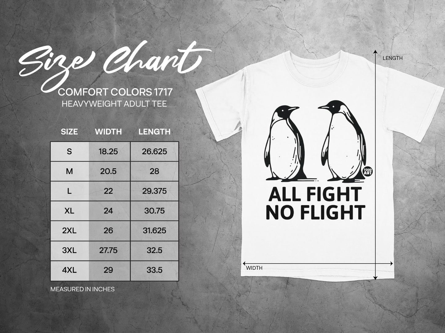 Comfort Colors 1717 size chart for heavyweight adult tee with penguins graphic.