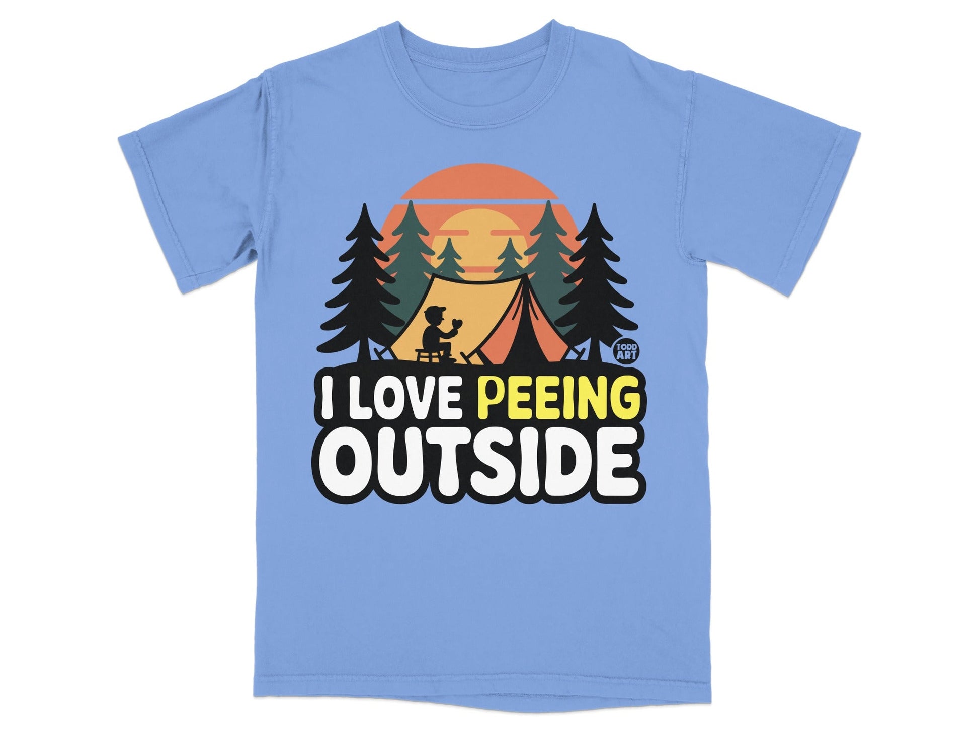 Light blue t-shirt with "I LOVE PEEING OUTSIDE" text and camping scene.