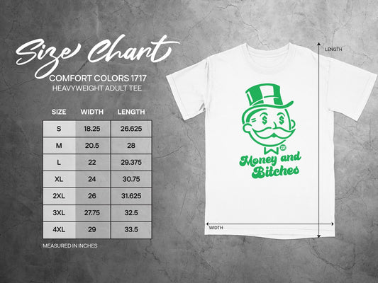 Size chart for Comfort Colors 1717 heavyweight adult tee.