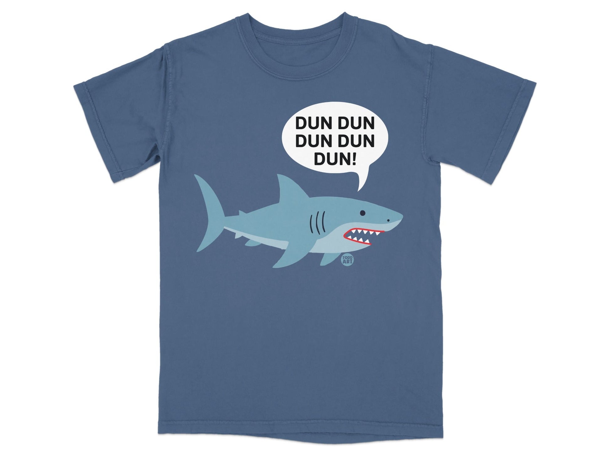 Blue t-shirt with a cartoon shark wearing sunglasses and a speech bubble saying "DUN DUN DUN DUN".