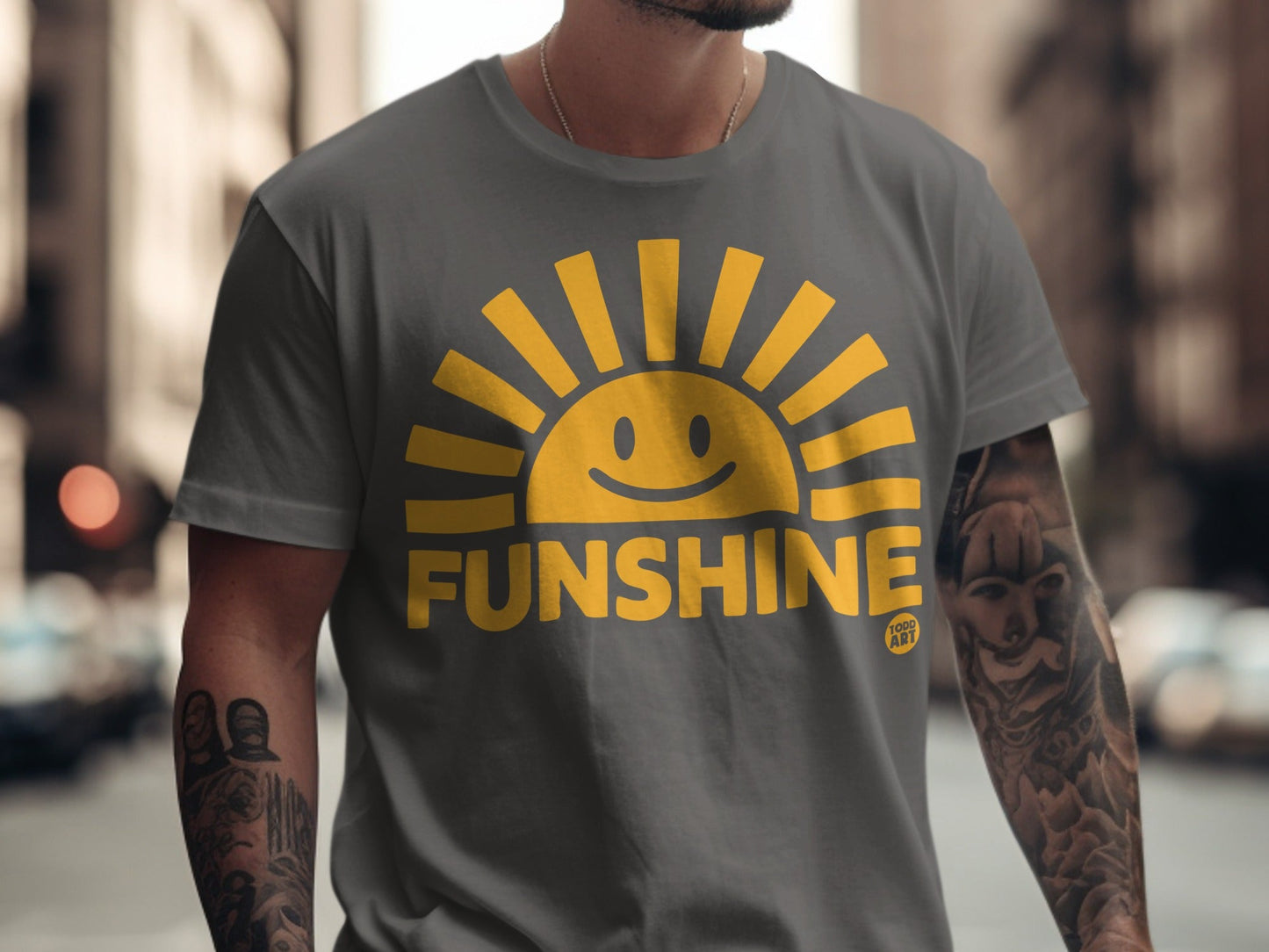 Dark grey t-shirt with a yellow sun graphic and the word "FUNSHINE".