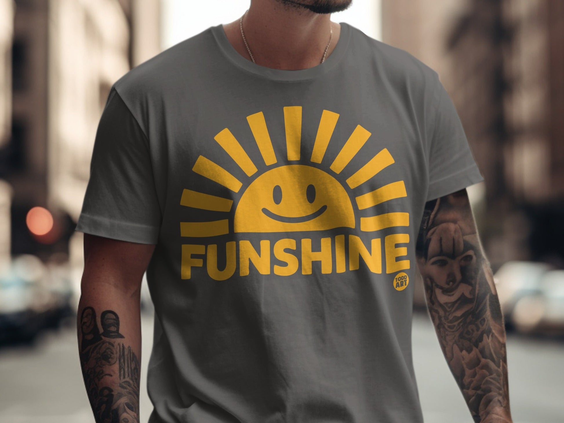 Dark grey t-shirt with a yellow sun graphic and the word "FUNSHINE".