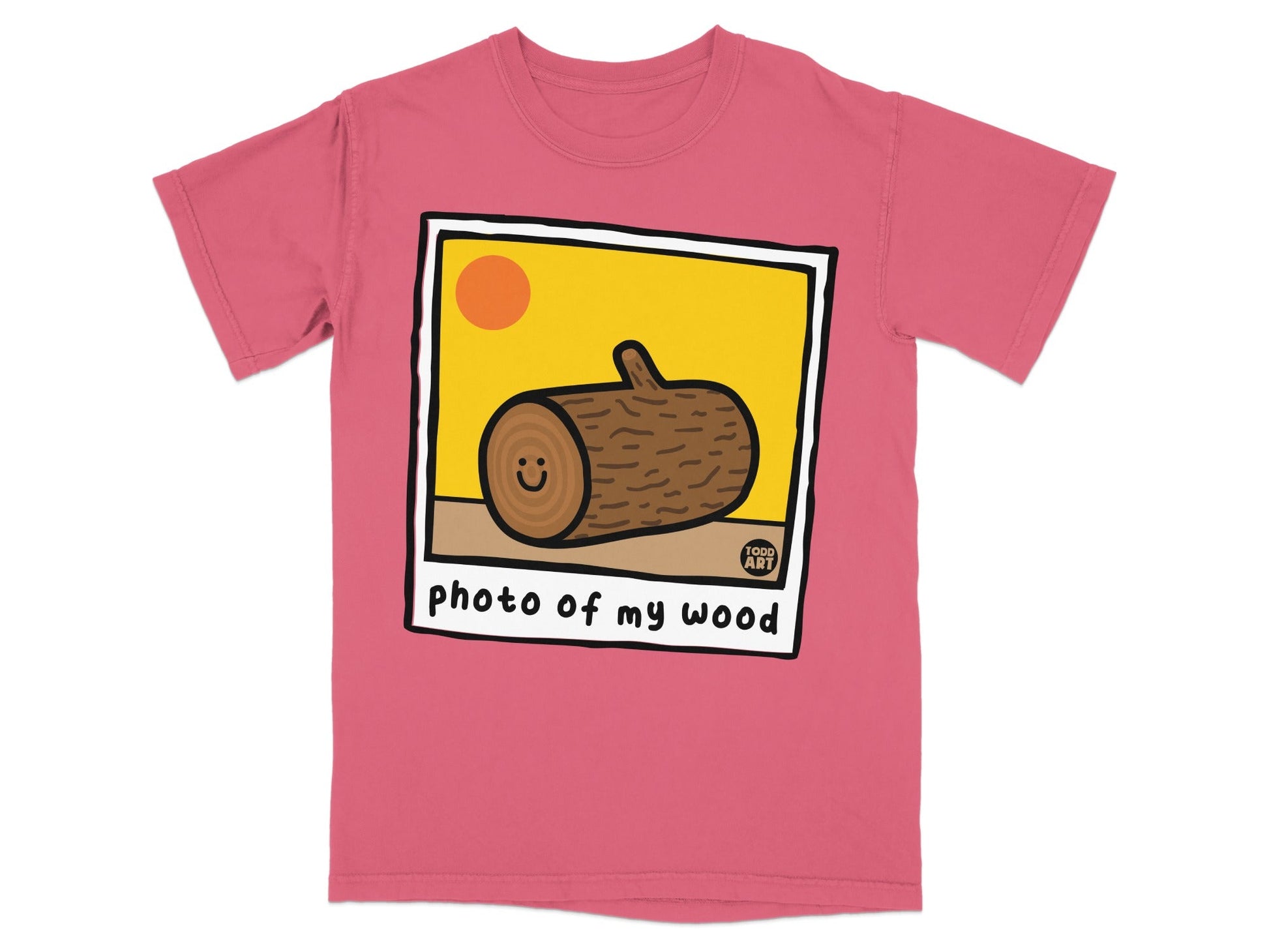 T-shirt featuring a cartoon log with a smiley face and text "photo of my wood."