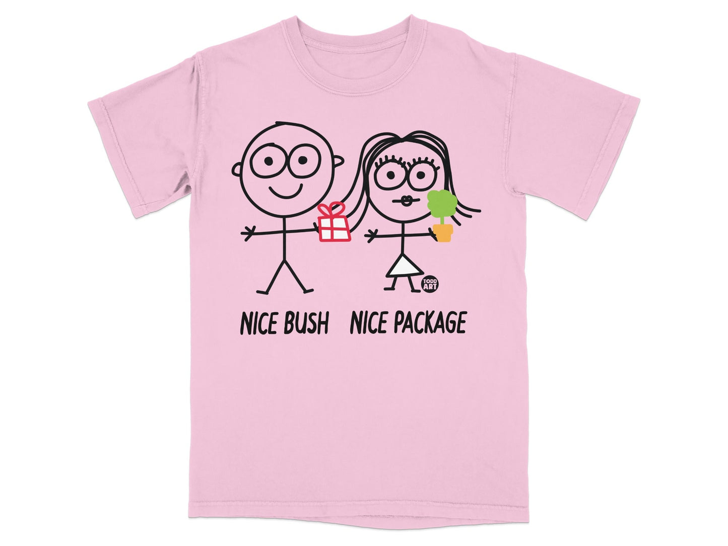 Pink t-shirt with cartoon couple, man giving gift, woman holding plant, text "NICE BUSH NICE PACKAGE".