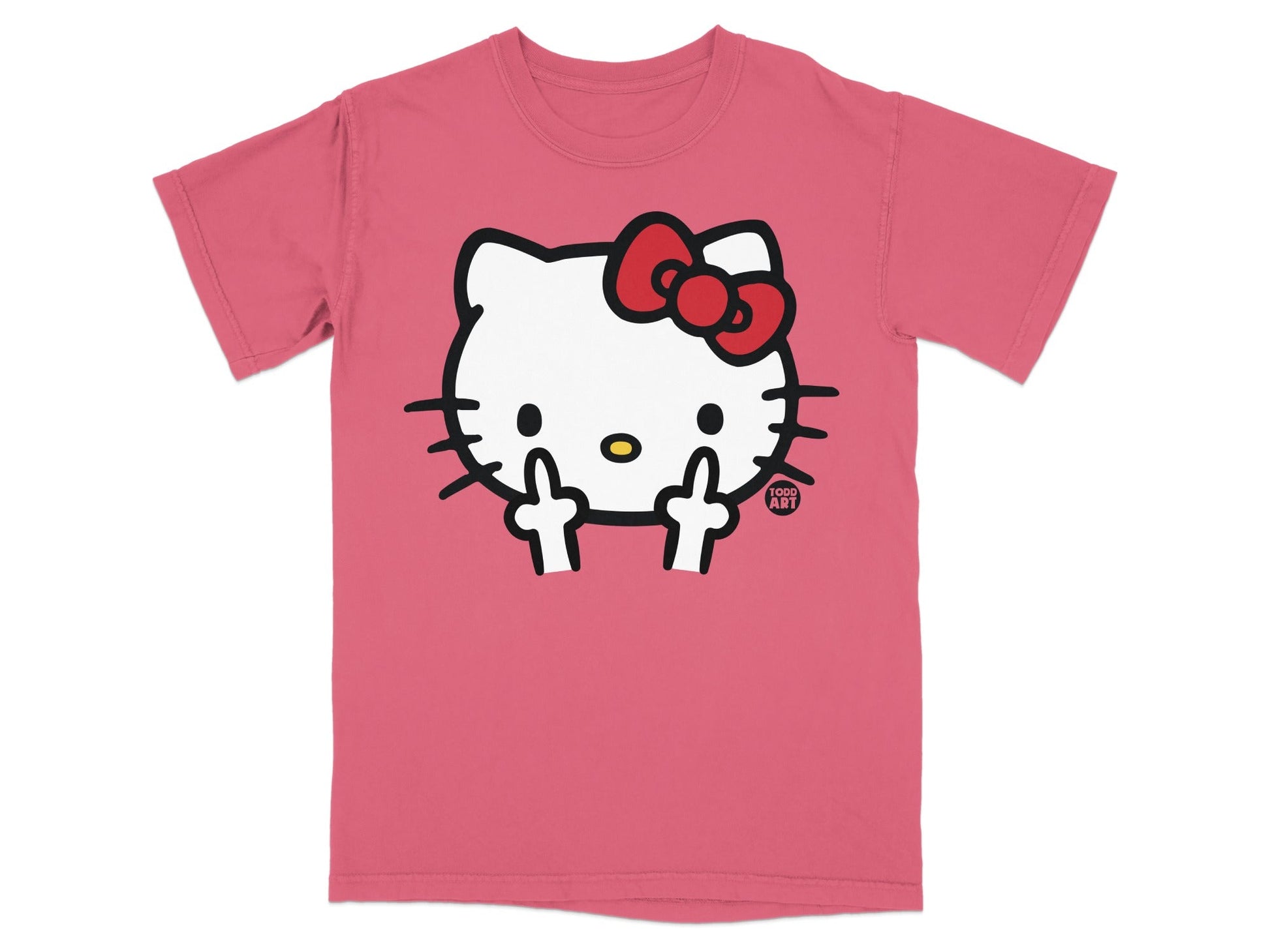 Pink t-shirt with Hello Kitty giving middle fingers, "GOOD ART" logo.