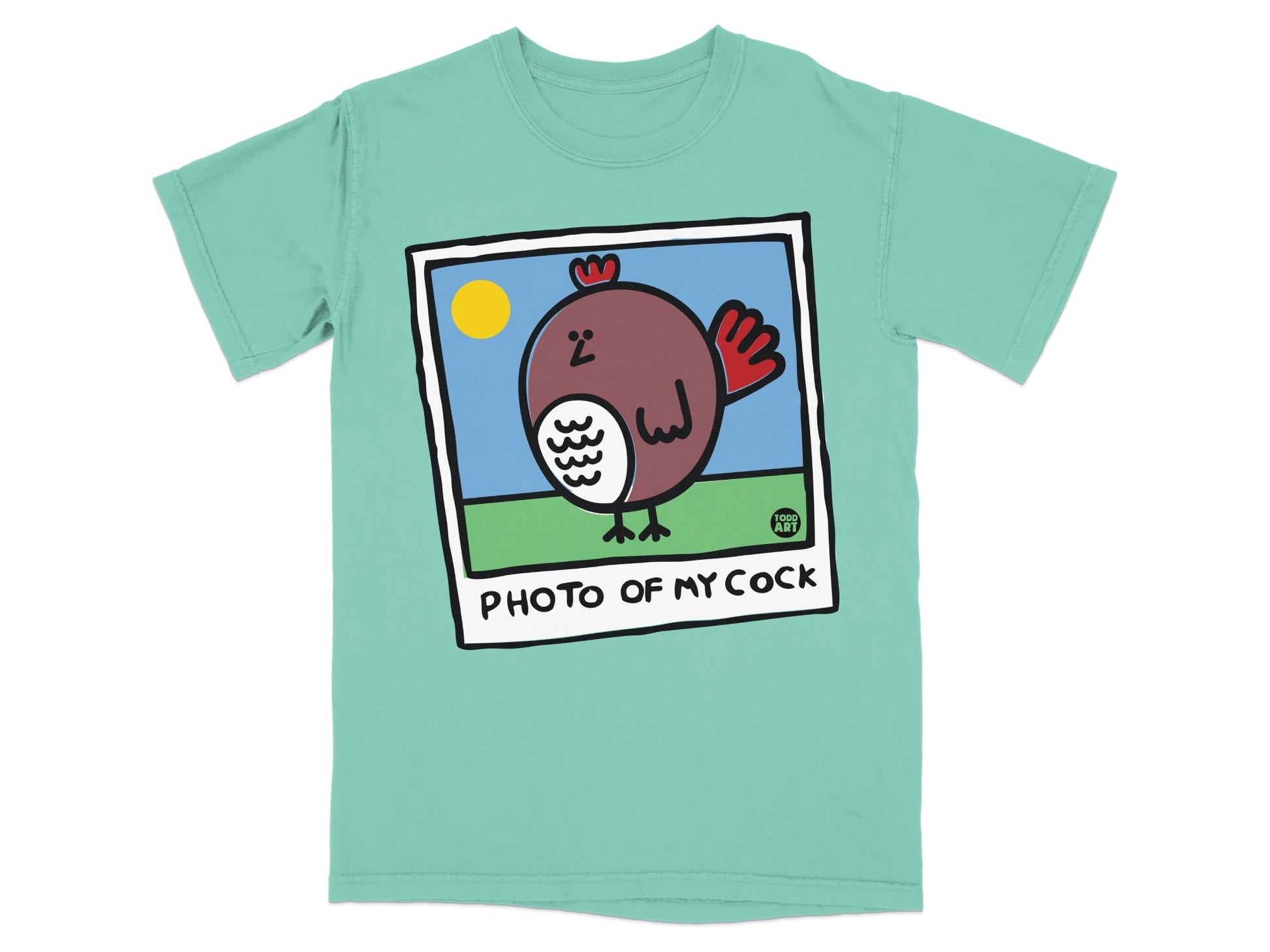 T-shirt with a cartoon chicken in a picture frame, text reads "PHOTO OF MY COCK".