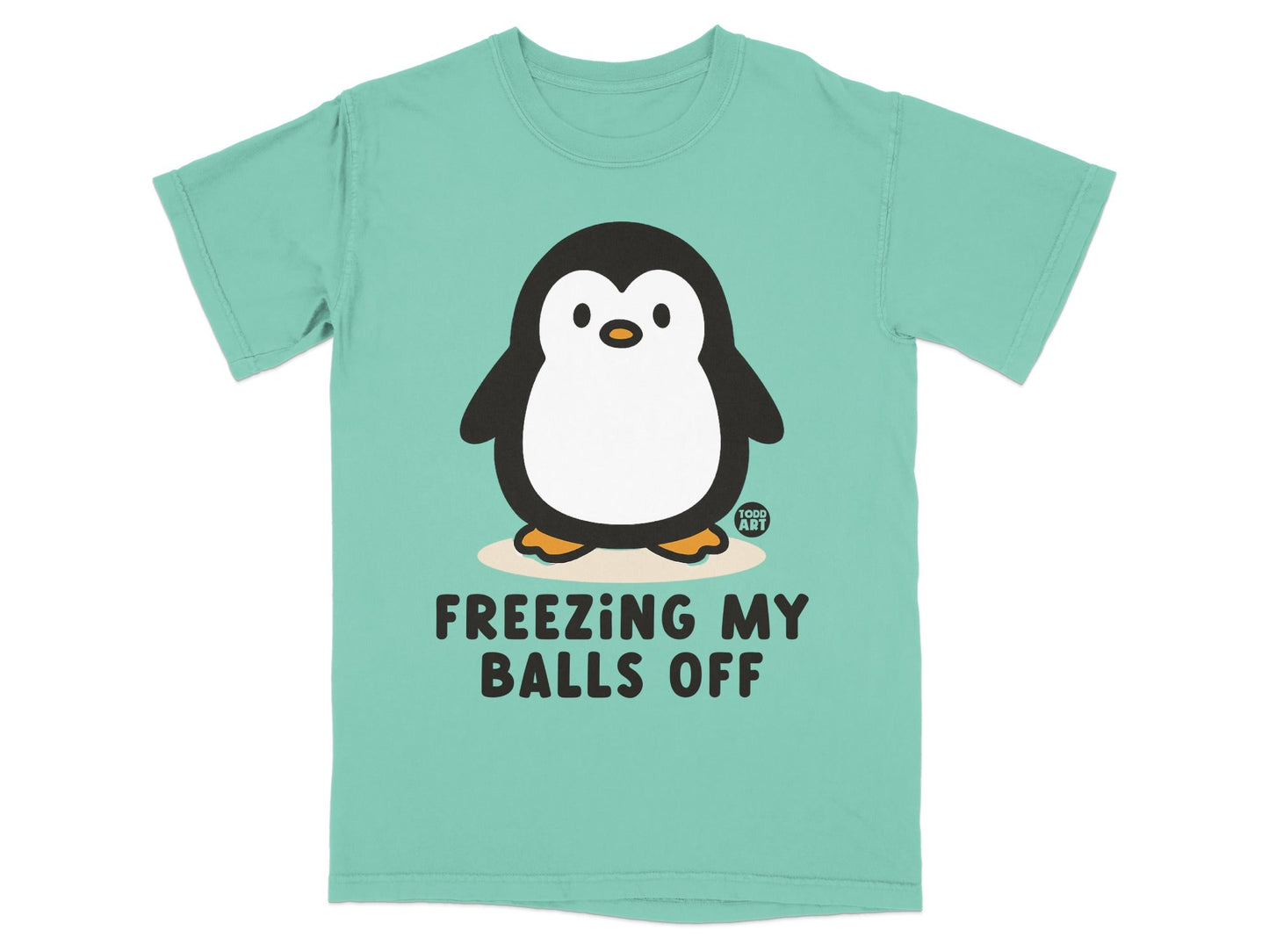 Aqua t-shirt with cartoon penguin and text "FREEZING MY BALLS OFF".