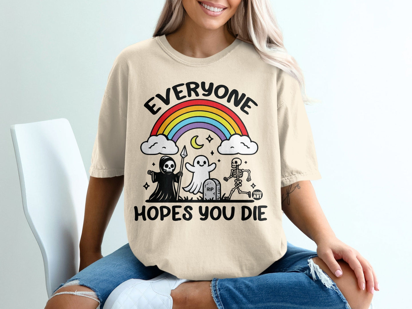Skeleton, grim reaper, and ghost with rainbow and text "Everyone hopes you die".