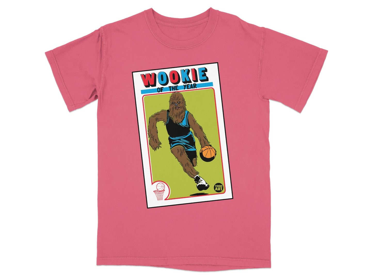 Chewbacca in a basketball uniform dribbling a ball, presented as a trading card.