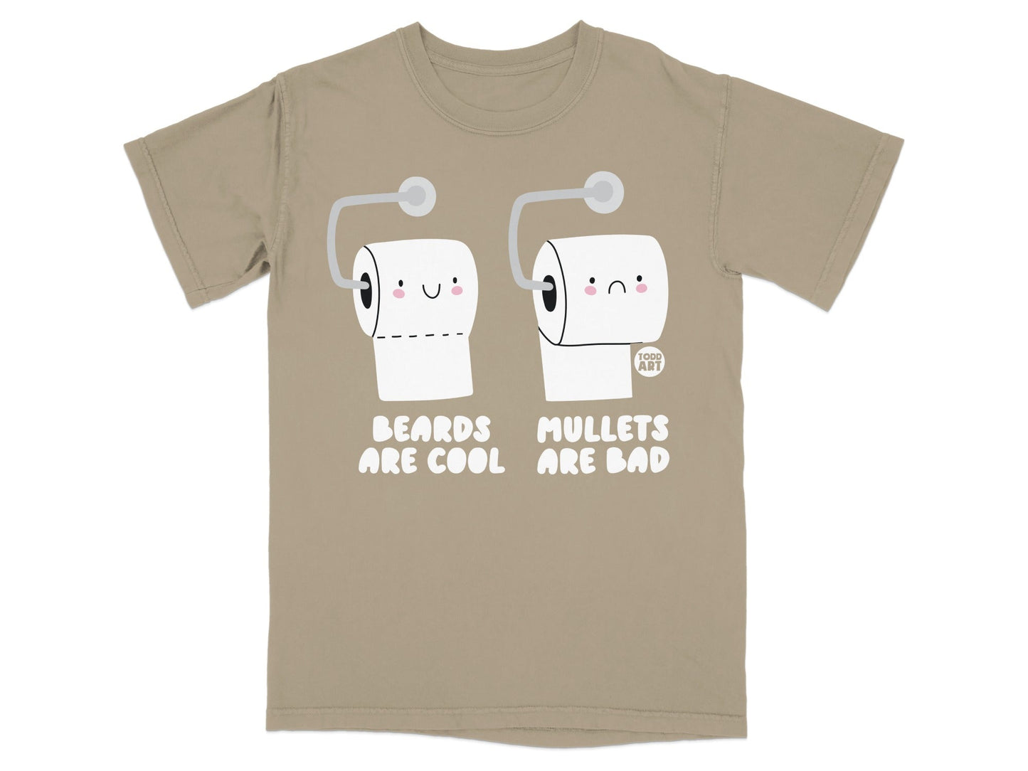 Two toilet paper rolls with faces, one happy and one sad, with text.