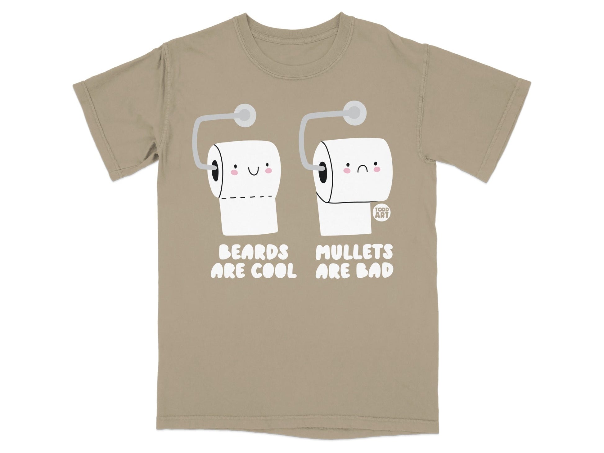Two toilet paper rolls with faces, one happy and one sad, with text.