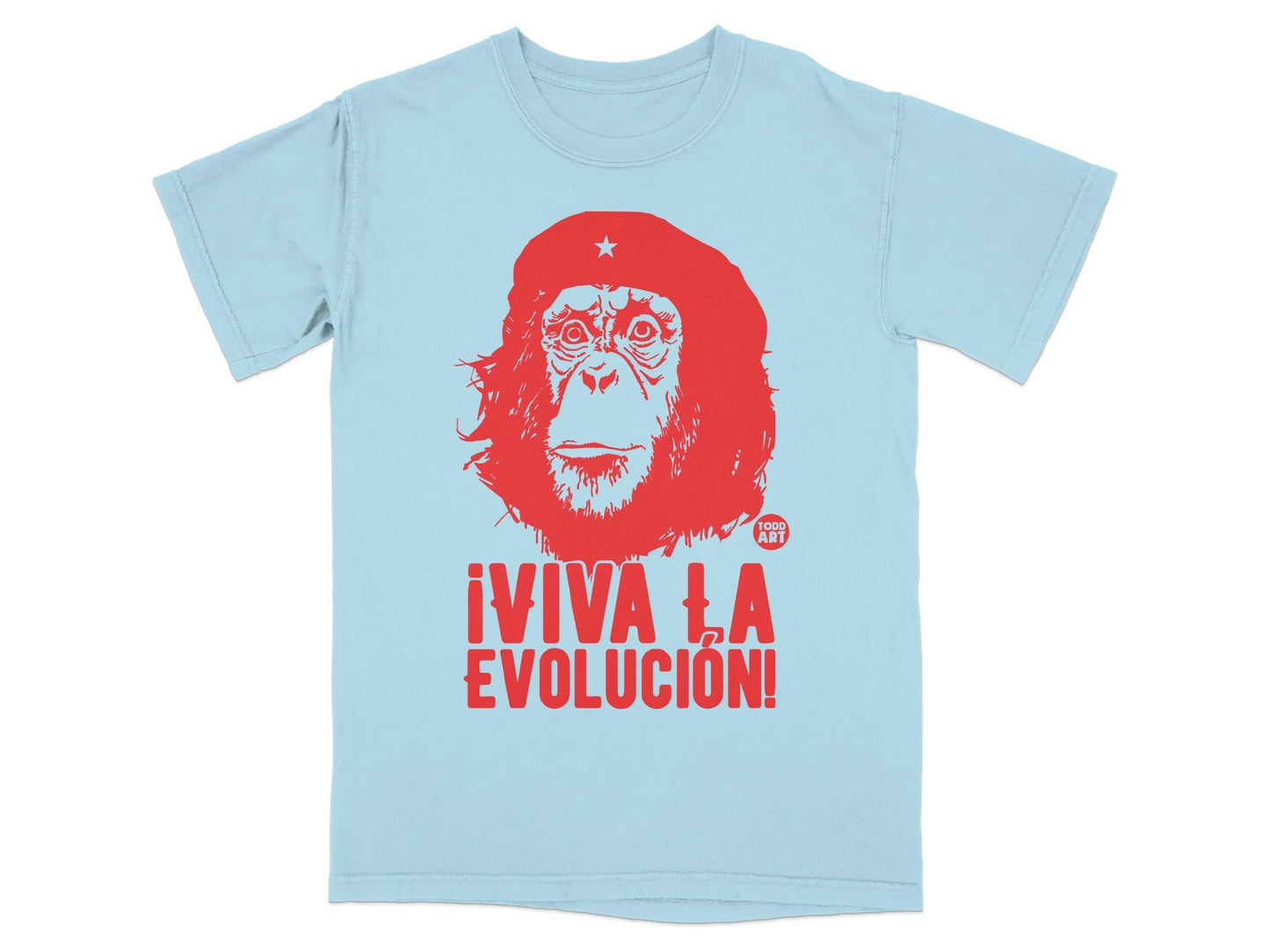 Light blue t-shirt with red graphic of Che Guevara and "¬°VIVA LA EVOLUCI√ìN!" text.