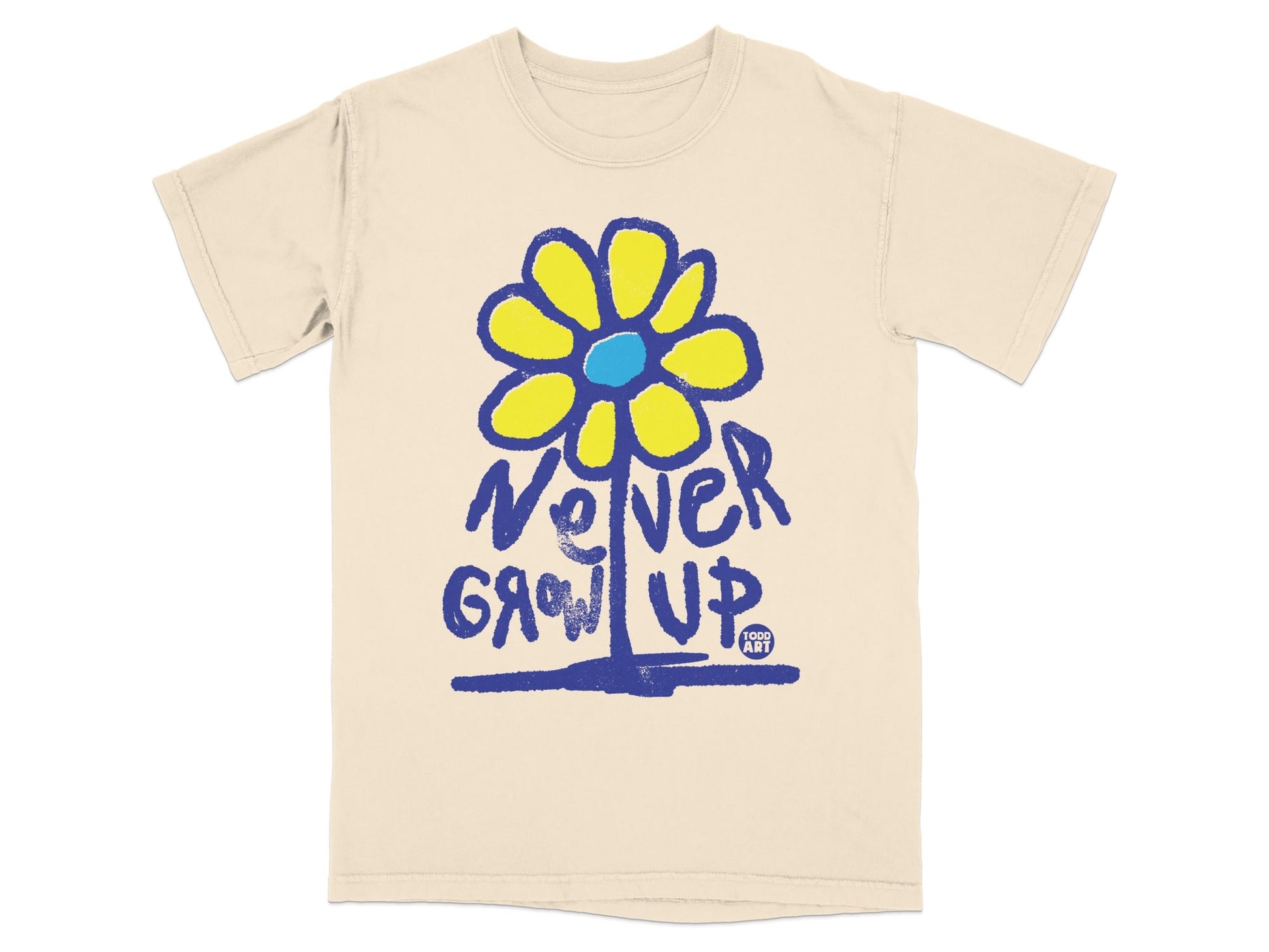 Cream t-shirt with blue "Never Grow Up" text and yellow flower graphic.