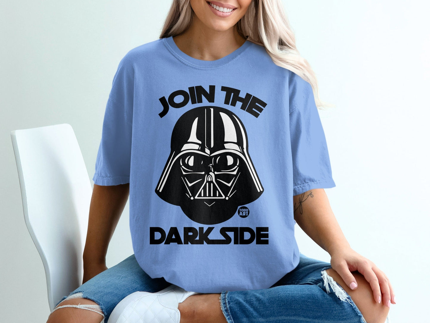 Light blue t-shirt with Darth Vader graphic and "JOIN THE DARK SIDE" text.
