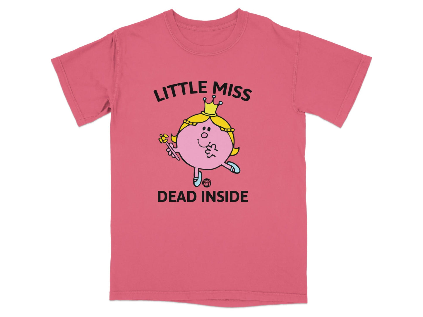 Pink t-shirt with "Little Miss Dead Inside" graphic.