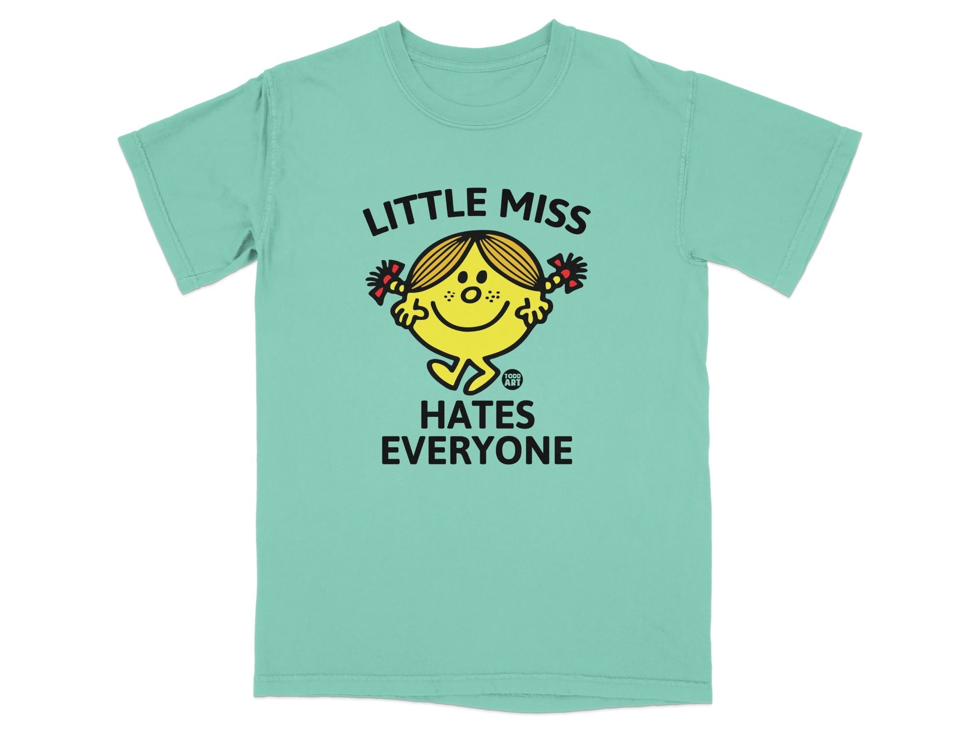 Mint green t-shirt with "Little Miss Hates Everyone" graphic featuring a cartoon character.