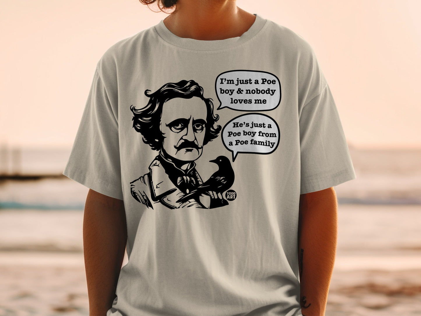 T-shirt with Edgar Allan Poe illustration and speech bubbles.
