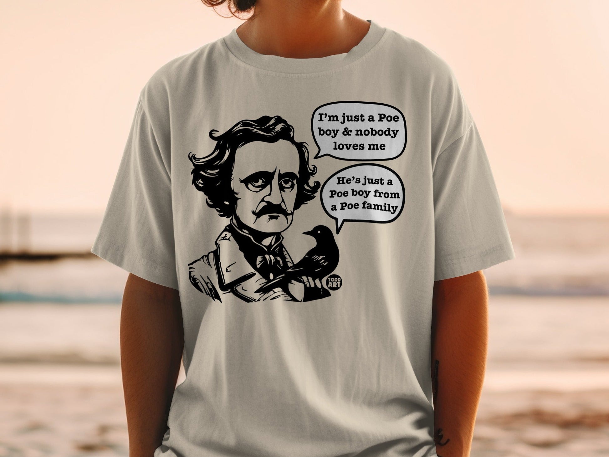 T-shirt with Edgar Allan Poe illustration and speech bubbles.