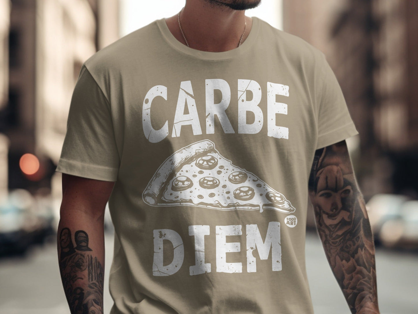T-shirt with "Carpe Diem" and pizza slice graphic.