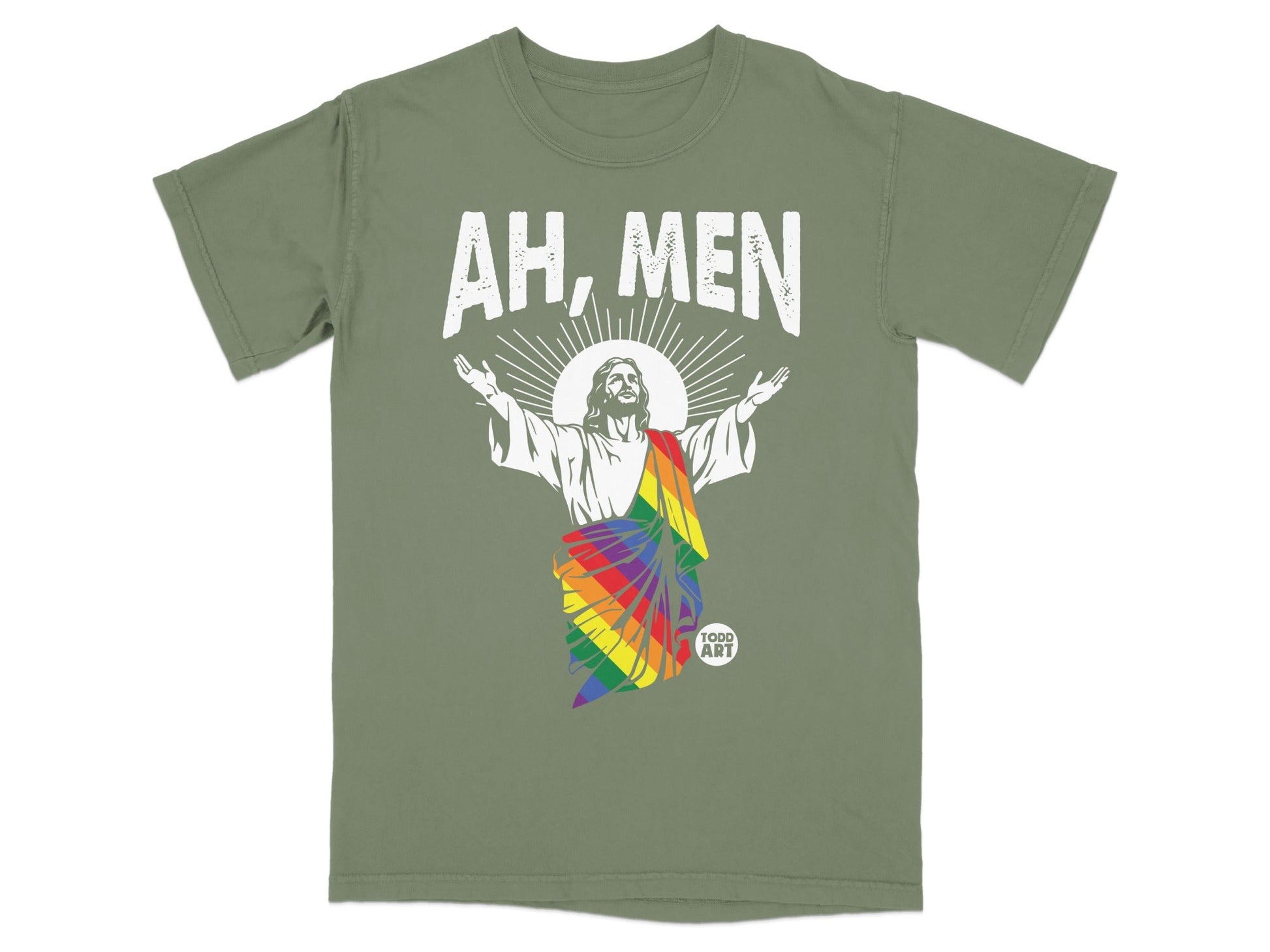 Green t-shirt with Jesus wearing a rainbow flag draped over his shoulders and "AH, MEN" text.