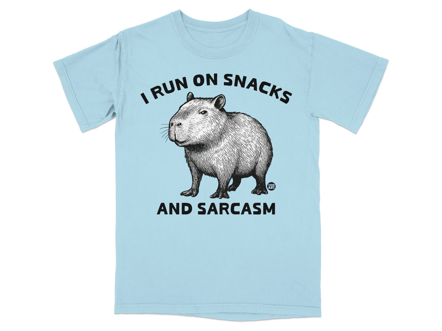 I Run On Snacks And Sarcasm T-shirt With Capybara Design