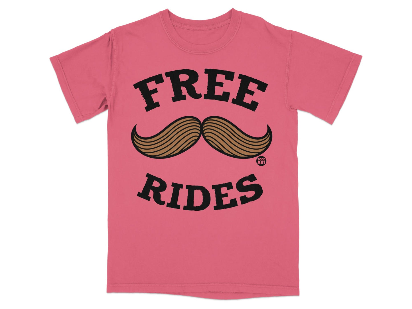 Pink t-shirt with "FREE RIDES" and a mustache graphic.