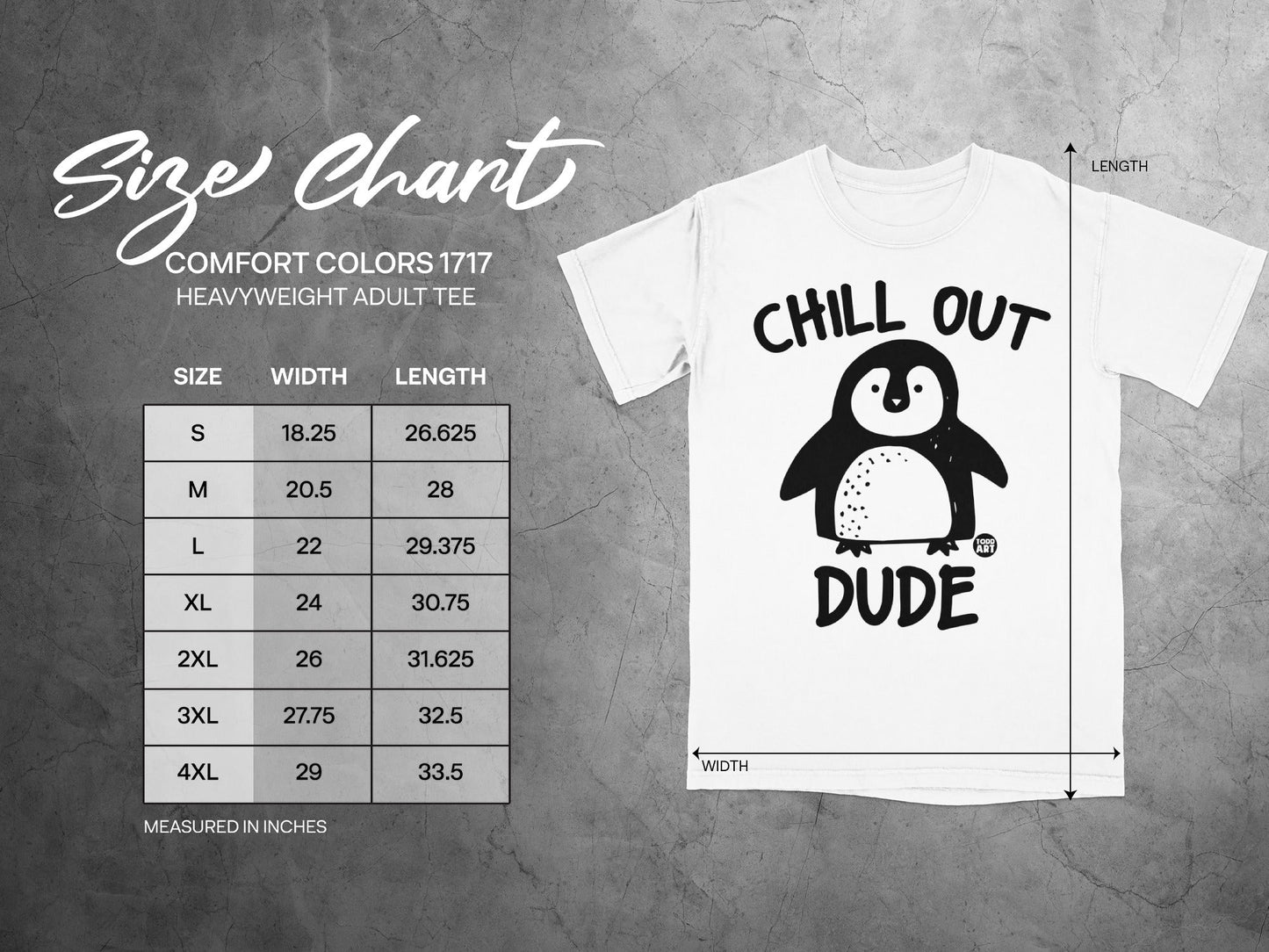 Comfort Colors 1717 adult tee size chart with chill out dude graphic.