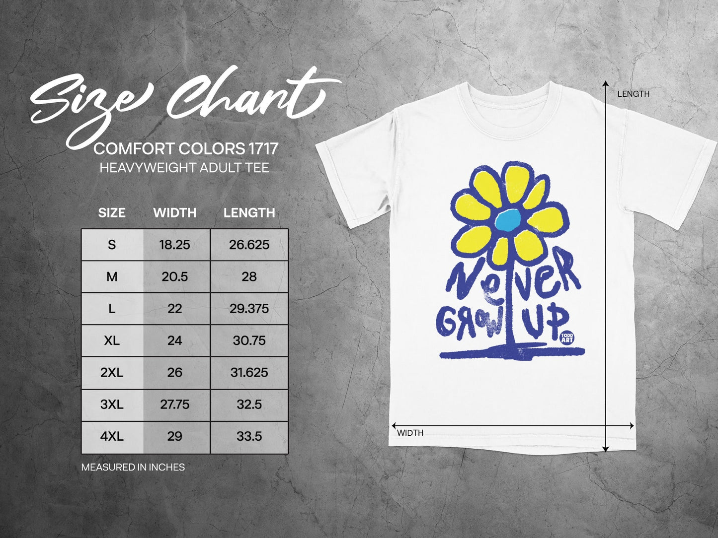 Comfort Colors 1717 size chart for heavyweight adult tee with floral graphic.