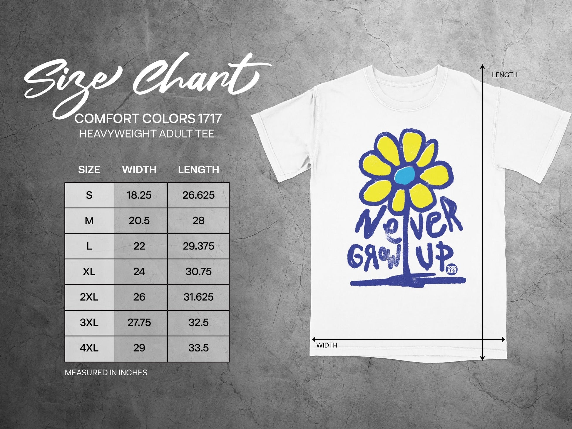 Comfort Colors 1717 size chart for heavyweight adult tee with floral graphic.
