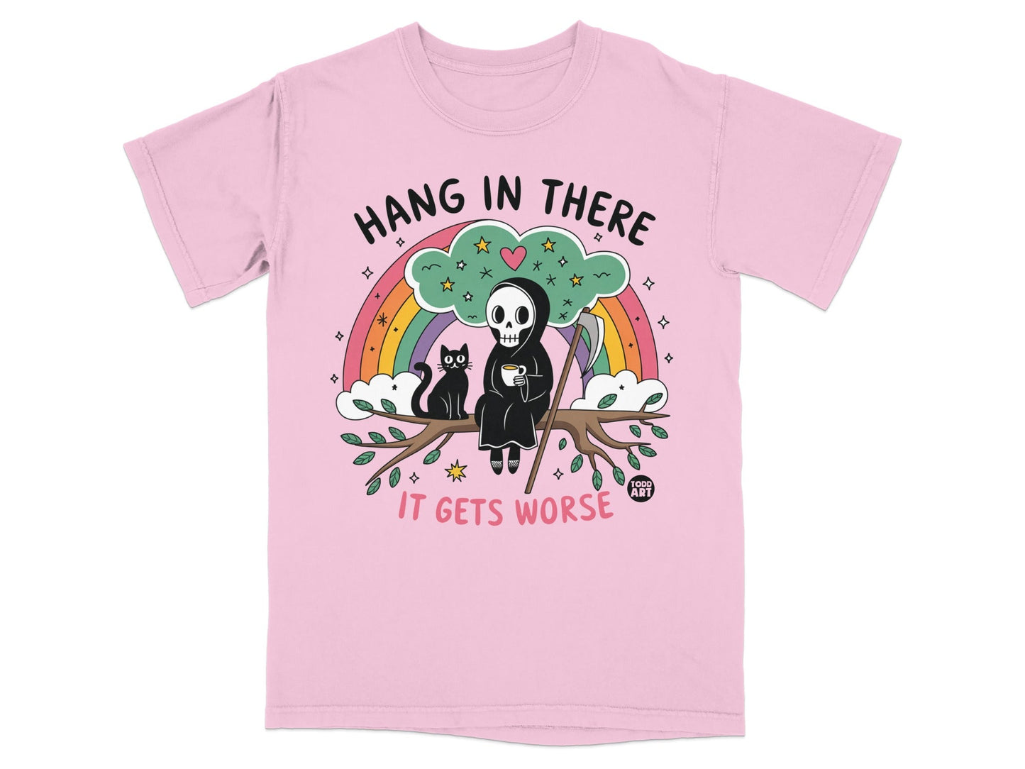Pink t-shirt graphic: skeleton grim reaper and black cat on a branch, rainbow.
