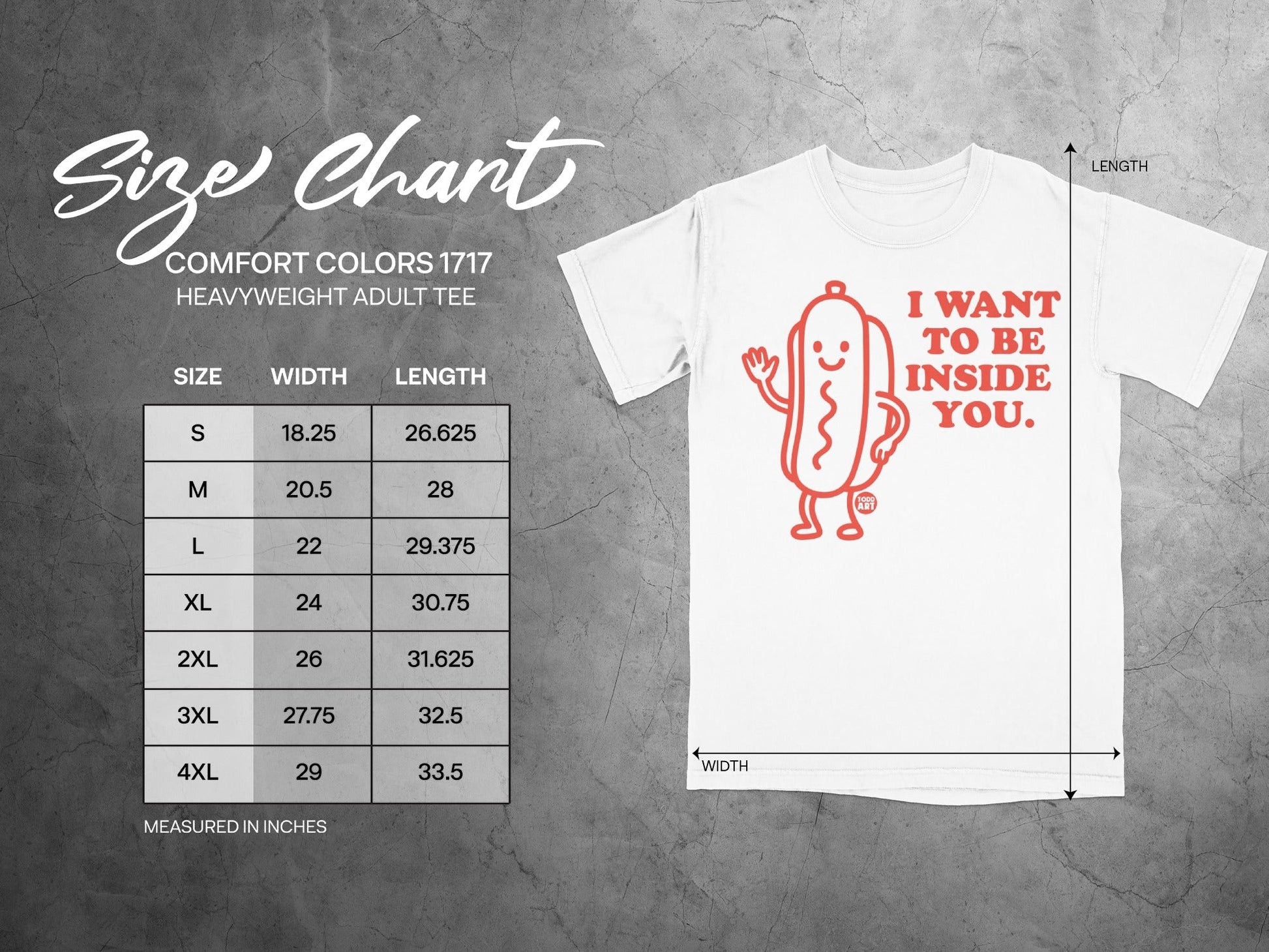 Size chart for Comfort Colors heavyweight adult tee with garment measurements.
