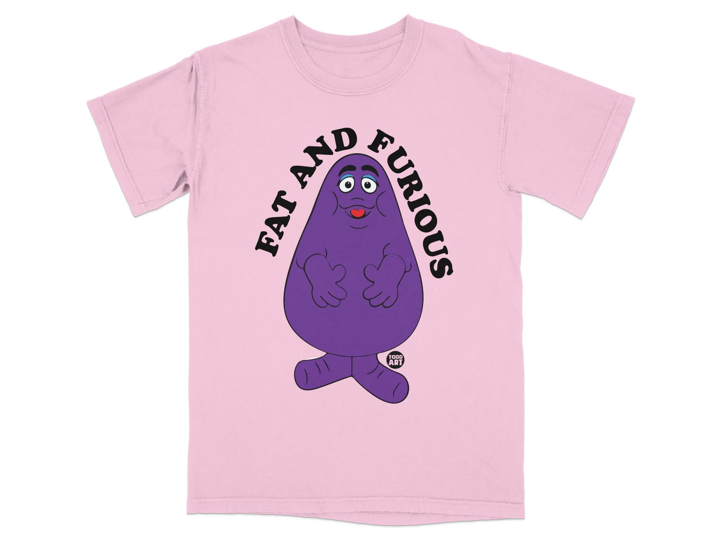 Pink t-shirt with Grimace mascot and "Fat and Furious" text.